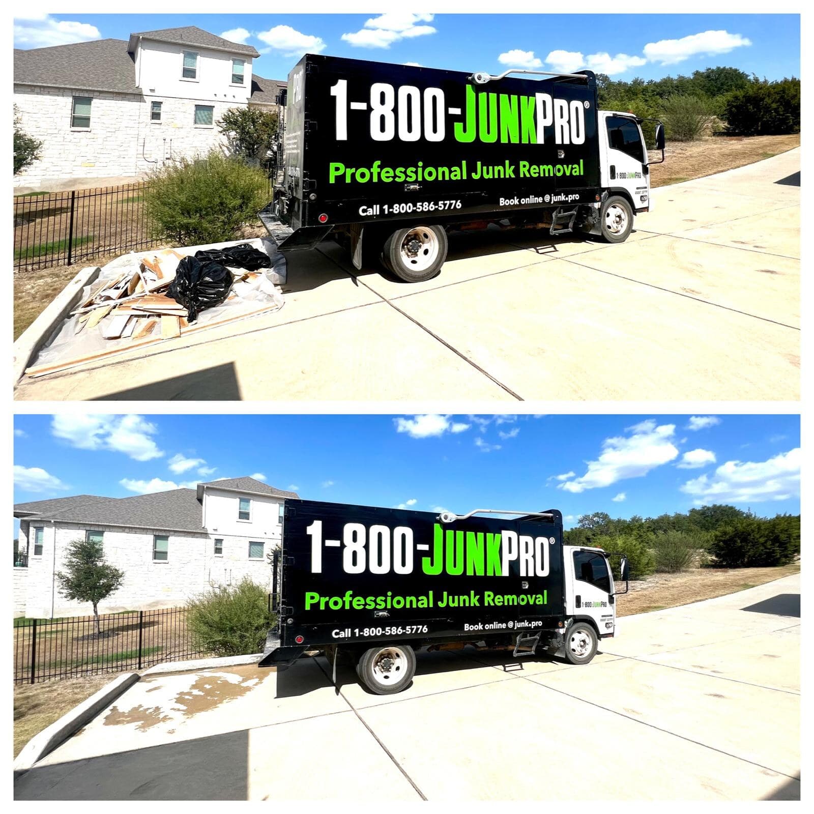Before/after: bagged trash and boxed junk piled at the curb beside the JUNKPRO truck, then the same driveway and curb left clean.