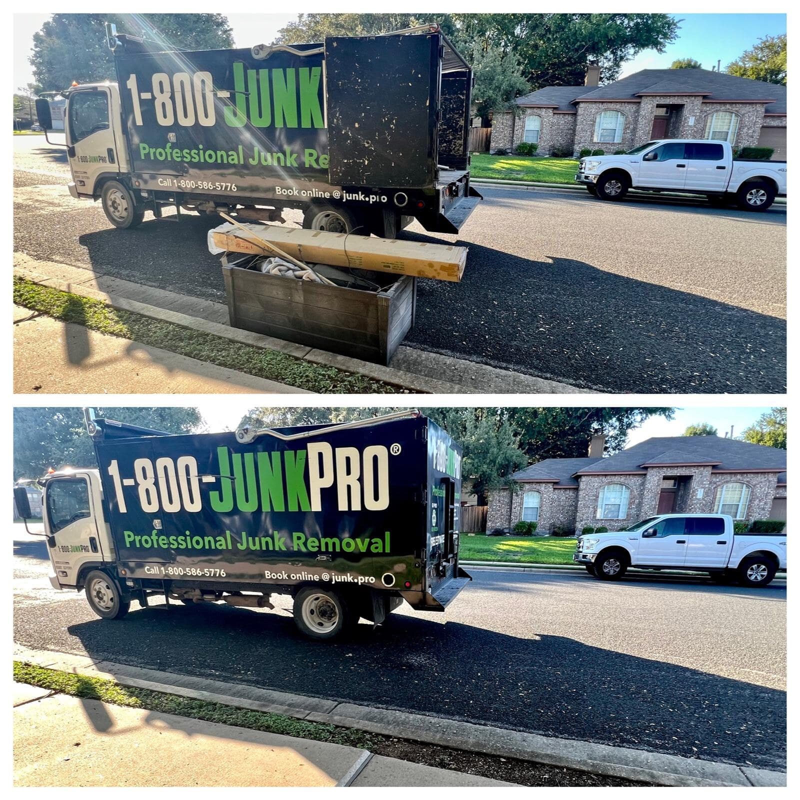 Before/after: a wooden crate and boxed junk waiting at the curb beside the JUNKPRO truck, then the same curb swept clean as the truck pulls away.