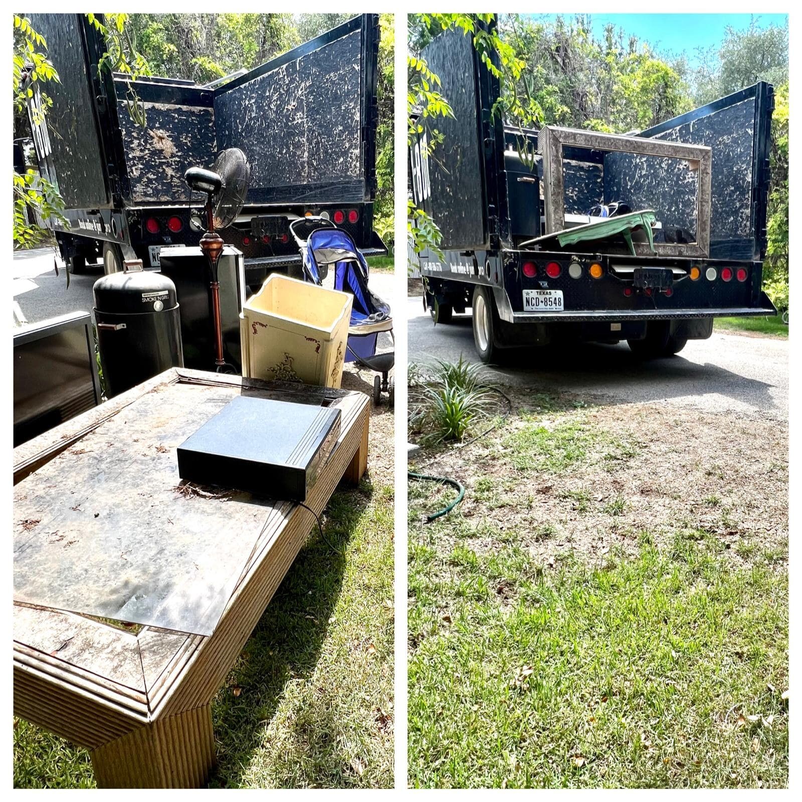 Before/after: an old TV, smoker grill, fan and cabinet staged on the grass by the JUNKPRO truck, then the same patch of lawn left empty.