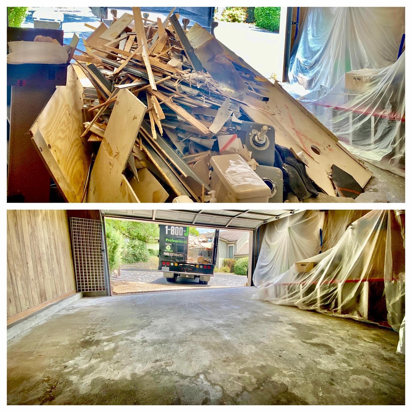 Before/after: a garage packed floor to ceiling with torn-out lumber, drywall and a toilet, then the same garage swept to bare concrete with the JUNKPRO truck pulling away outside.