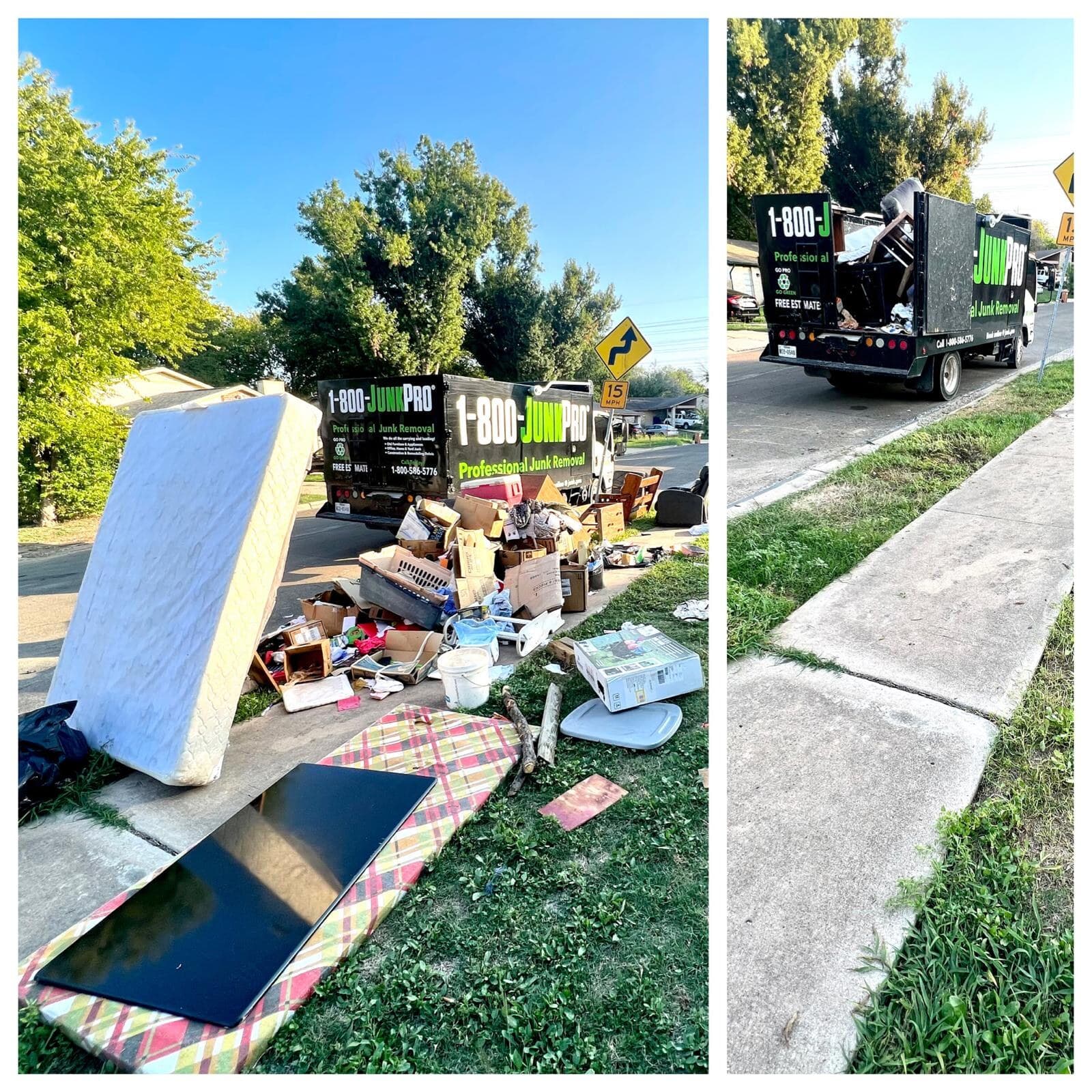 Before/after: a mattress, box spring and a pile of household junk dumped on a curbside lawn next to the JUNKPRO truck, then the same stretch of curb and grass left completely clear.