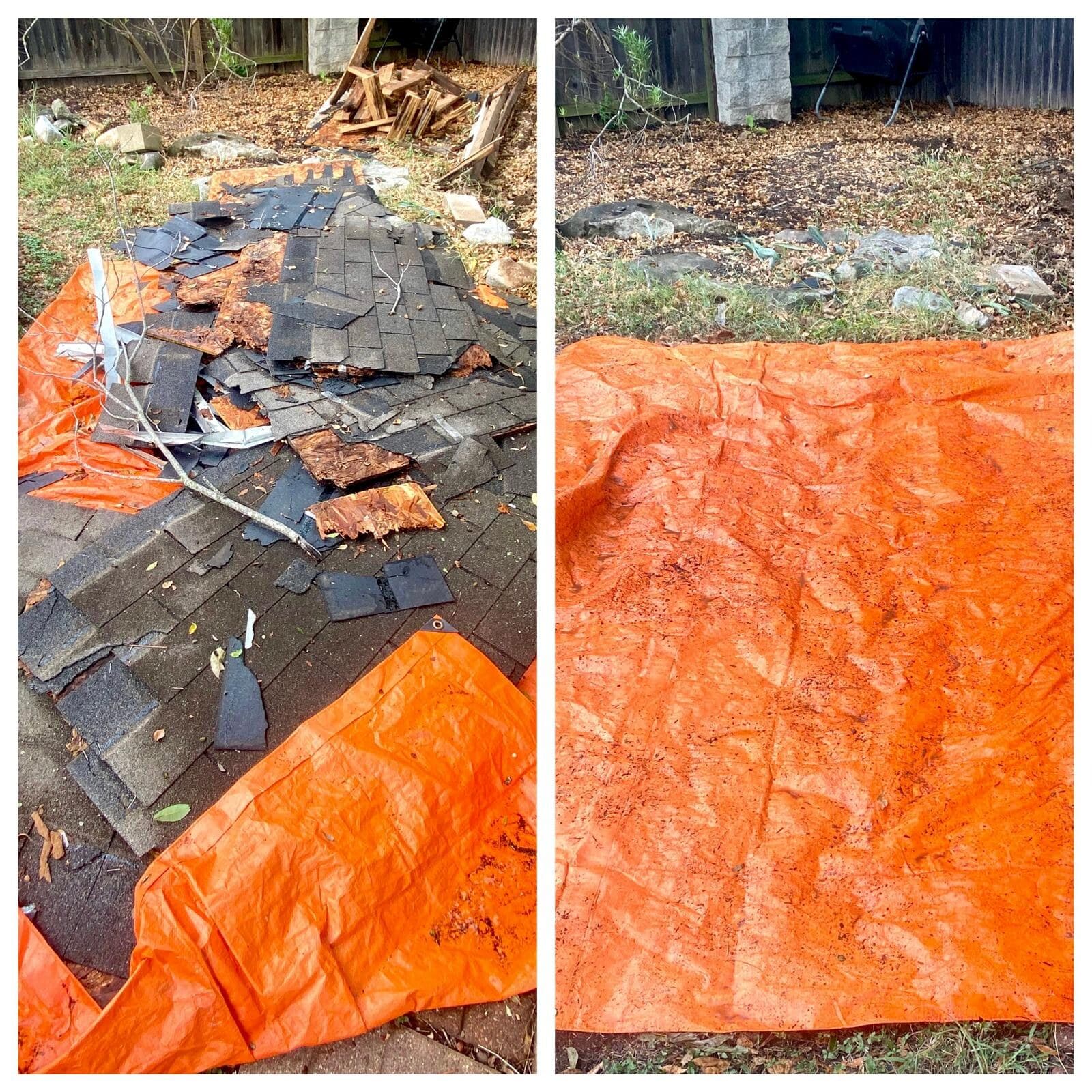 Before/after: torn-off roof shingles and debris spread across a tarp in a backyard, then the same patch of ground raked clear with only the tarp remaining.