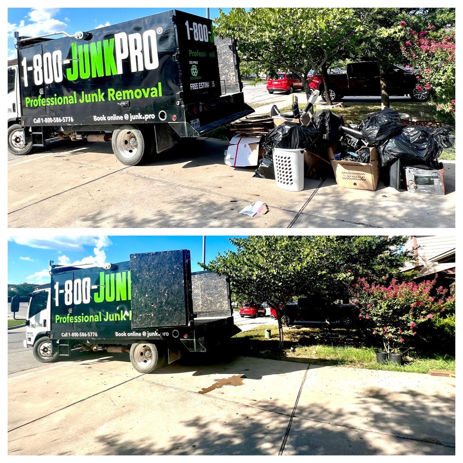 Before/after close-up of the JUNKPRO truck bed loaded with a framed mirror and other bulk items, then the same truck bed swept clear.
