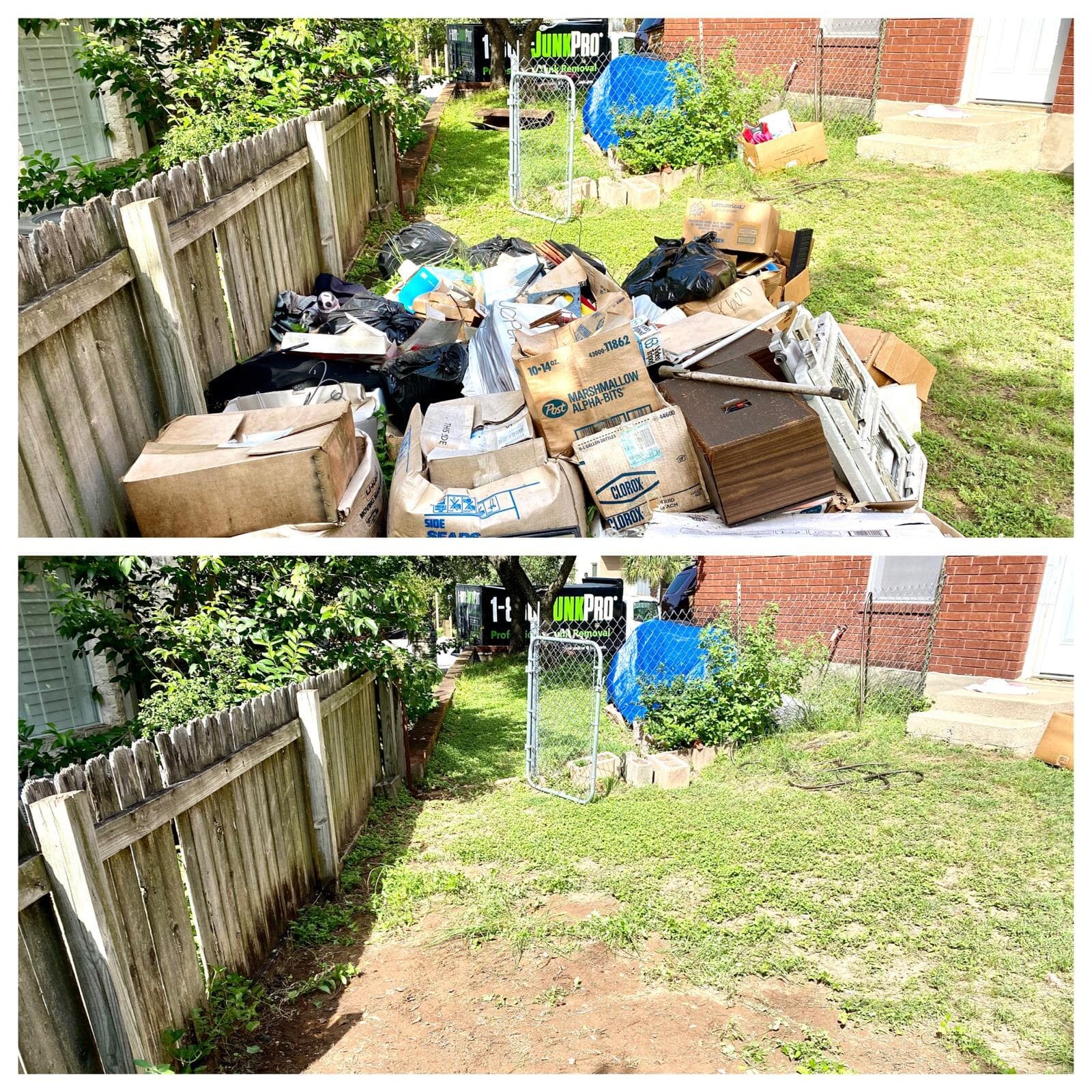 Before/after: a narrow side yard along a chain-link fence piled with bagged trash and boxes, then the same strip of grass cleared to bare lawn.